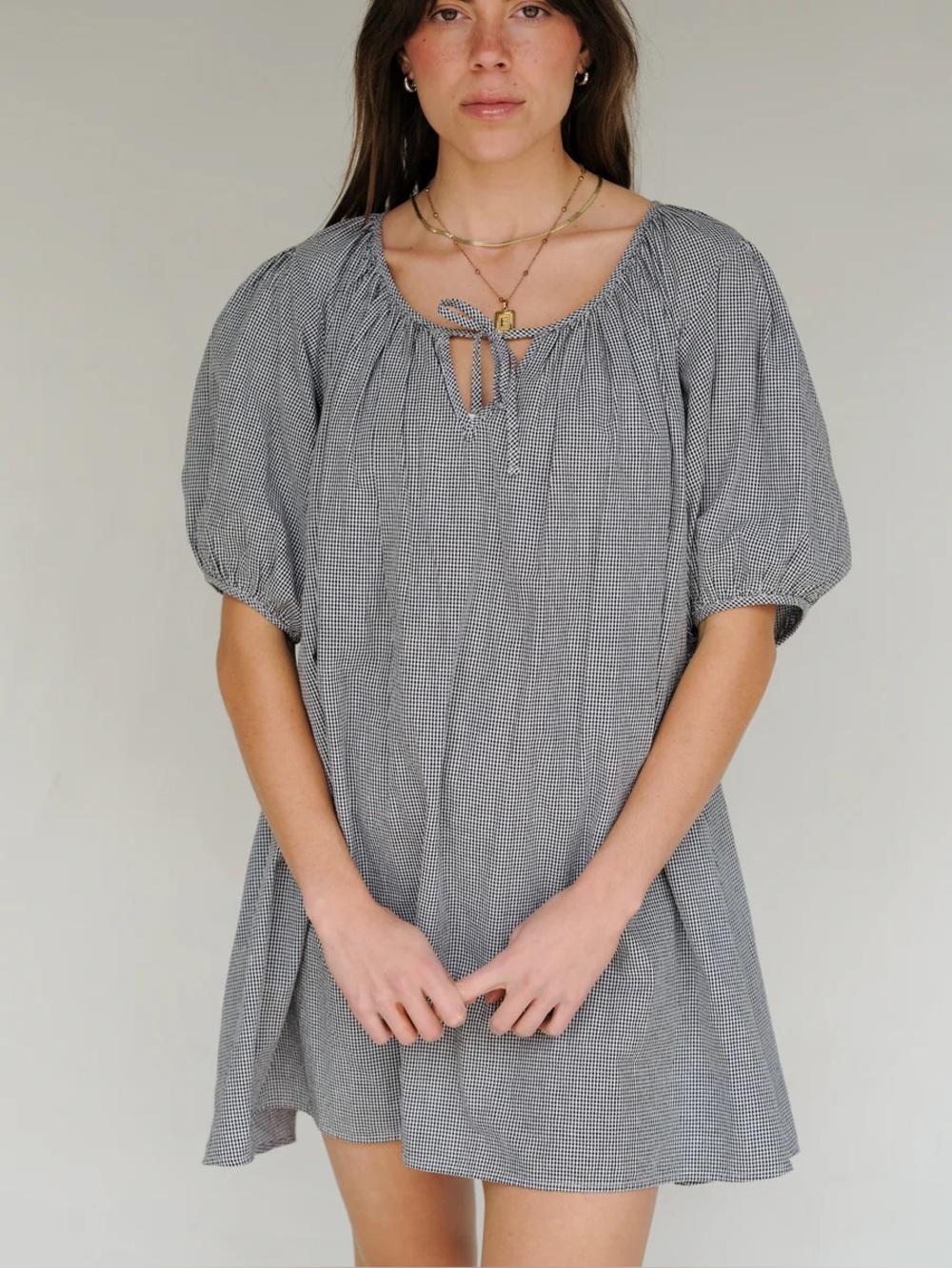Sonderhaus Lawn Dress Black & White Gingham Puff Sleeve (XS)
